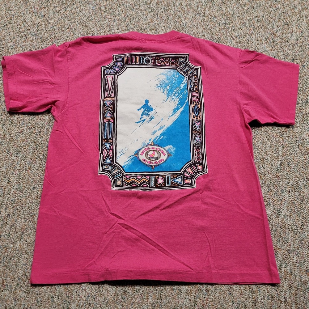 Vintage Beach Gear Shirt Men XL Pink Streetwear Beach Single Stitch‎ Surf Logo
